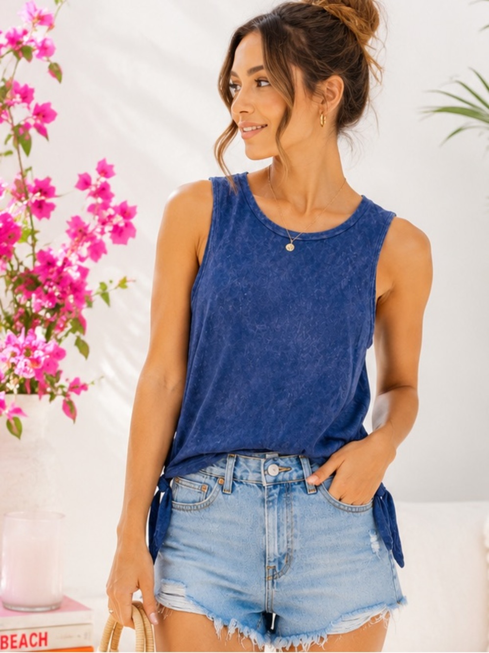 American Eagle Soft & Sexy Tie Side Tank Top Blue Acid Wash Medium